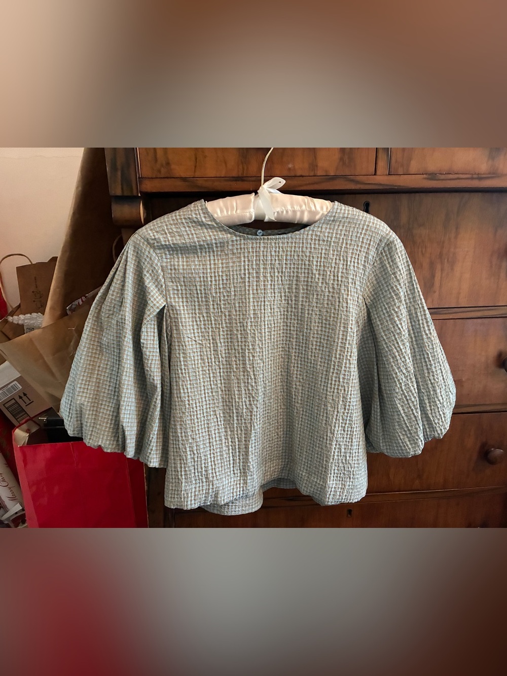 Zara Light Blue Check Gingham Puff-Sleeve Blouse Size S